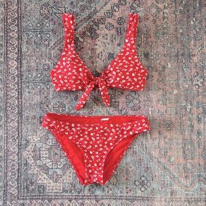 Hollister Swim Red and White Floral Print Bikini with Padded Top Size XS